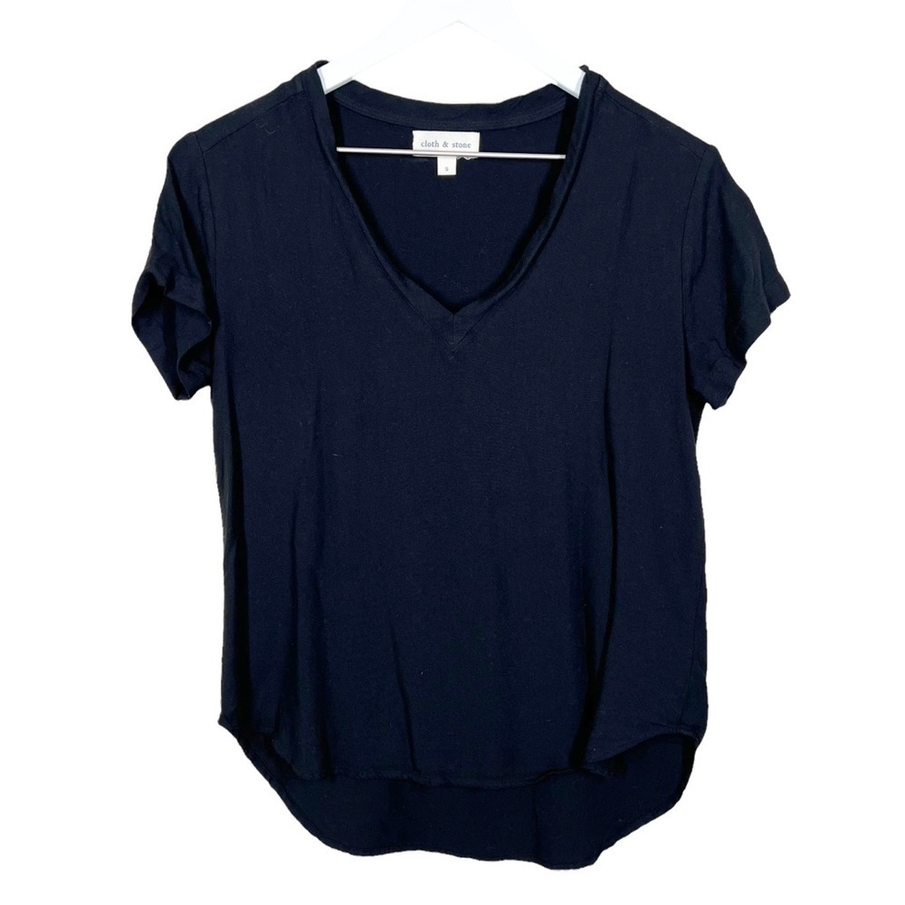 Cloth & Stone Black V Neck Short Sleeve Woven Shirt Womens Size Small Casual